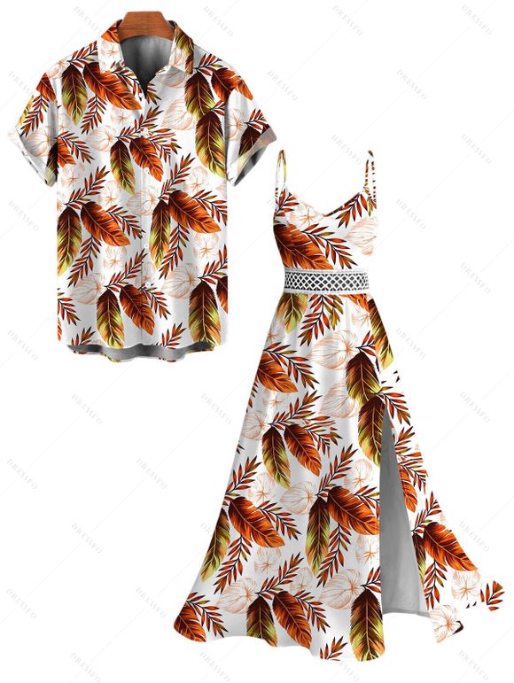 Hawaiian Vacation Couple Outfit Allover Tropical Ombre Leaf Print Lace Hollow Out Slit Dress and Shirt Beach Set - Blanc S | US 4
