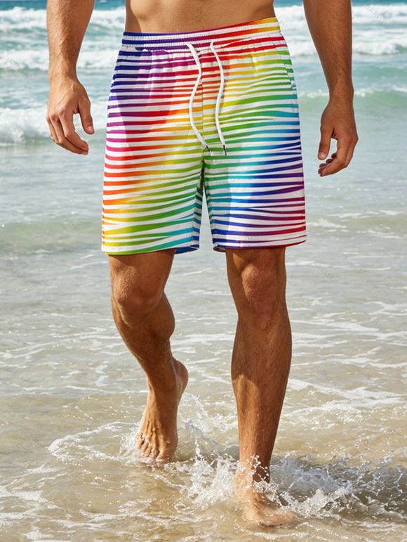 Hawaiian Vacation Couple Outfit Rainbow Striped Print Ruched Cinched Briefs Bikini Swimsuit and Drawstring Beach Shorts Set - multicolor A S | US 4