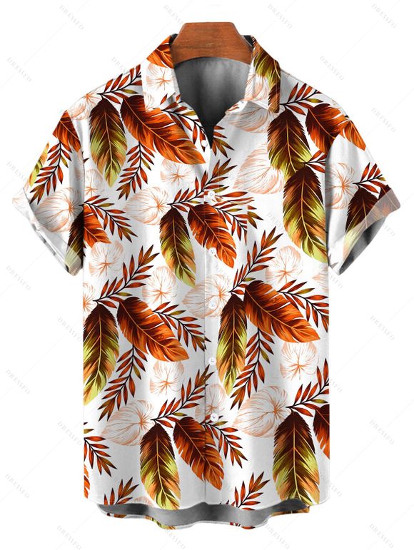 Hawaiian Vacation Couple Outfit Allover Tropical Ombre Leaf Print Lace Hollow Out Slit Dress and Shirt Beach Set - Blanc S | US 4