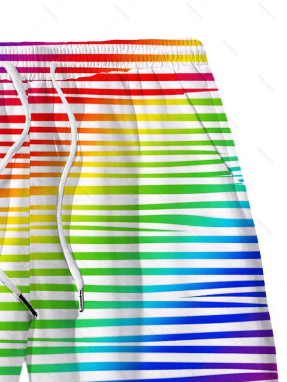 Hawaiian Vacation Couple Outfit Rainbow Striped Print Ruched Cinched Briefs Bikini Swimsuit and Drawstring Beach Shorts Set - multicolor A S | US 4