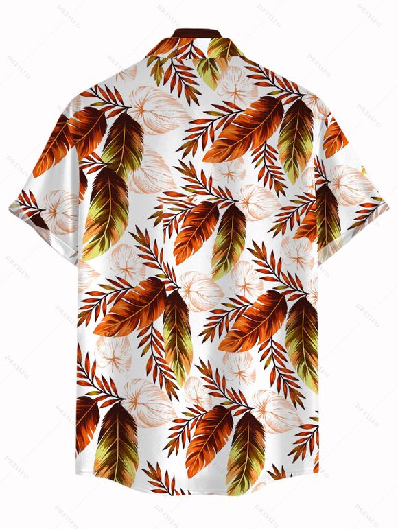 Hawaiian Vacation Couple Outfit Allover Tropical Ombre Leaf Print Lace Hollow Out Slit Dress and Shirt Beach Set - Blanc S | US 4