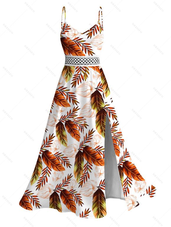 Hawaiian Vacation Couple Outfit Allover Tropical Ombre Leaf Print Lace Hollow Out Slit Dress and Shirt Beach Set - Blanc S | US 4