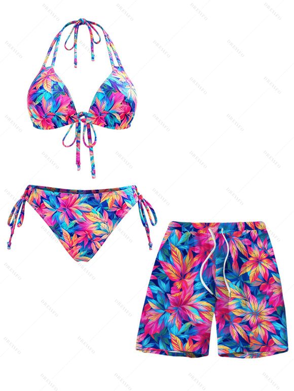 Hawaiian Vacation Couple Outfit Tropical Floral Leaf Print Tied Open Back Halter Bikini Swimsuit and Drawstring Beach Shorts Set - multicolor A S | US 4