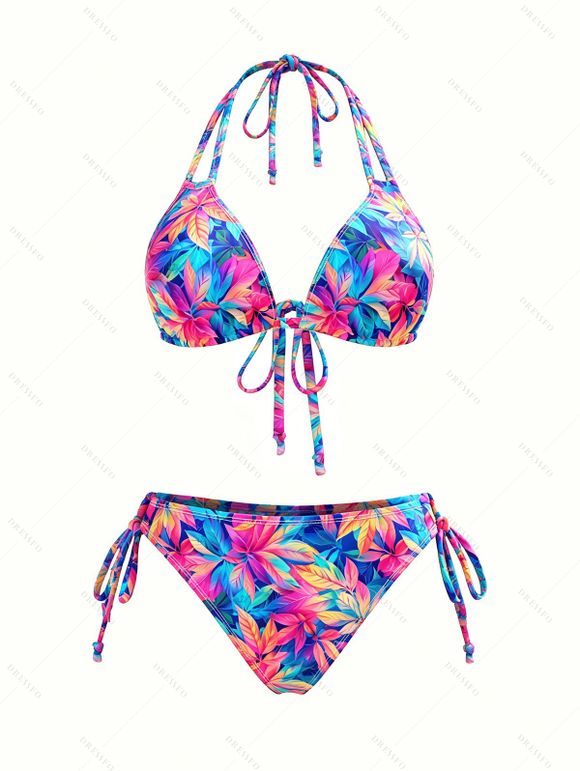 Hawaiian Vacation Couple Outfit Tropical Floral Leaf Print Tied Open Back Halter Bikini Swimsuit and Drawstring Beach Shorts Set - multicolor A S | US 4