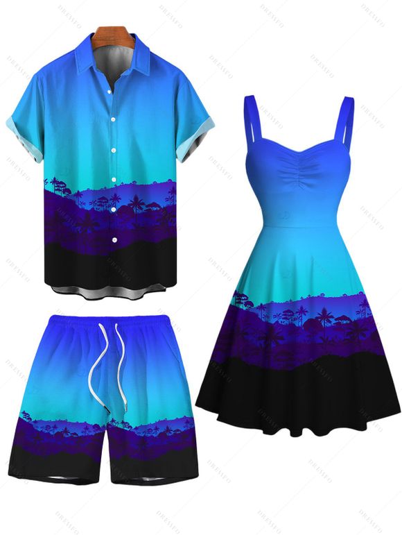 Vacation Hawaiian Couple Outfit Tropical Ombre Coconut Tree Silhouette Print Ruched Dress and Shirt Drawstring Shorts Set - Bleu S | US 4