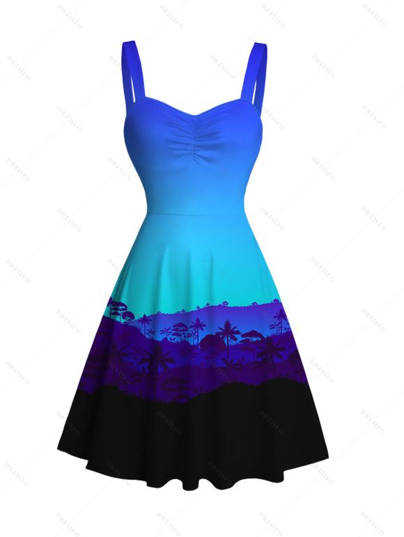 Vacation Hawaiian Couple Outfit Tropical Ombre Coconut Tree Silhouette Print Ruched Dress and Shirt Drawstring Shorts Set - Bleu S | US 4