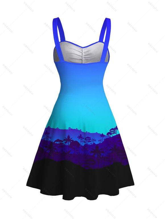Vacation Hawaiian Couple Outfit Tropical Ombre Coconut Tree Silhouette Print Ruched Dress and Shirt Drawstring Shorts Set - Bleu S | US 4