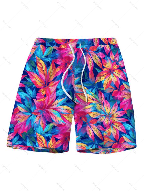 Hawaiian Vacation Couple Outfit Tropical Floral Leaf Print Tied Open Back Halter Bikini Swimsuit and Drawstring Beach Shorts Set - multicolor A S | US 4