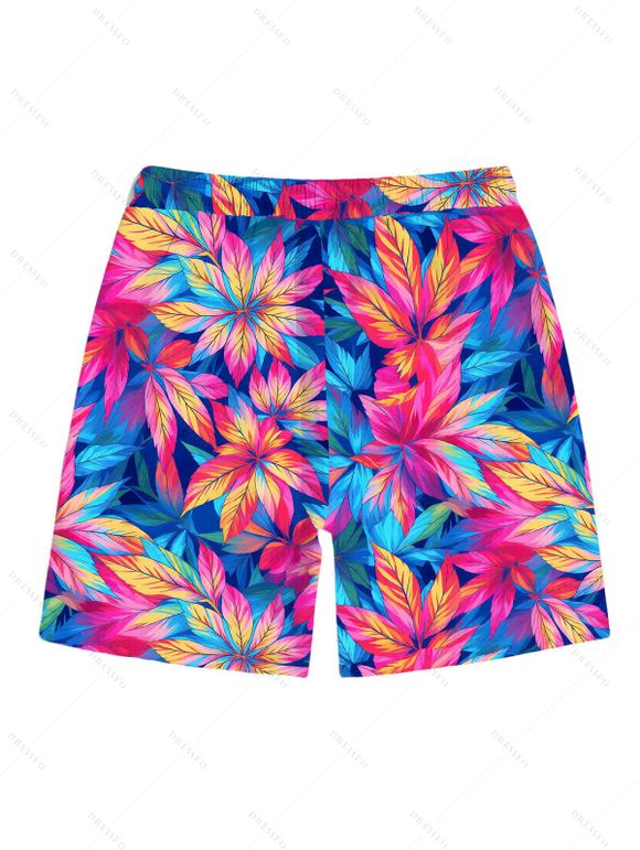 Hawaiian Vacation Couple Outfit Tropical Floral Leaf Print Tied Open Back Halter Bikini Swimsuit and Drawstring Beach Shorts Set - multicolor A S | US 4