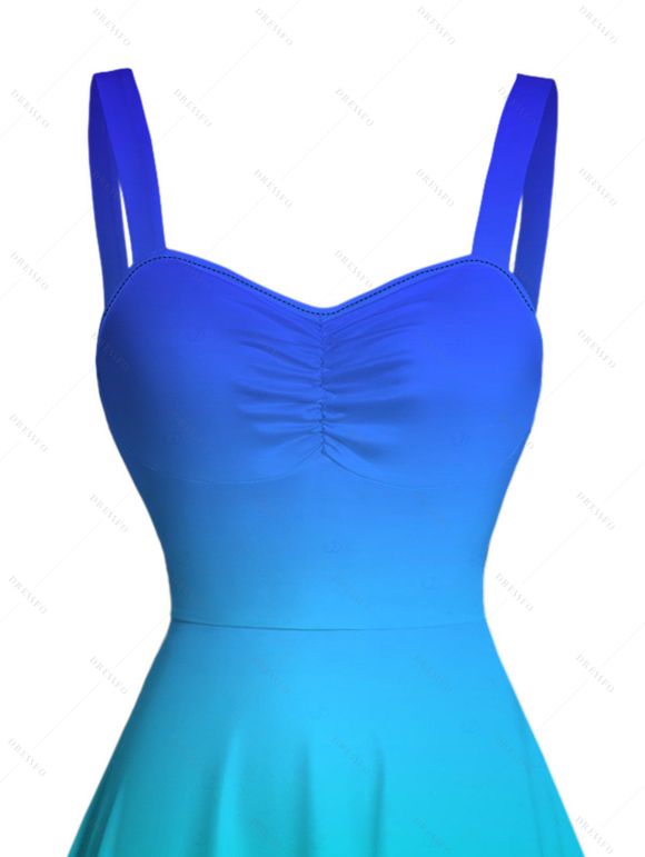 Vacation Hawaiian Couple Outfit Tropical Ombre Coconut Tree Silhouette Print Ruched Dress and Shirt Drawstring Shorts Set - Bleu S | US 4