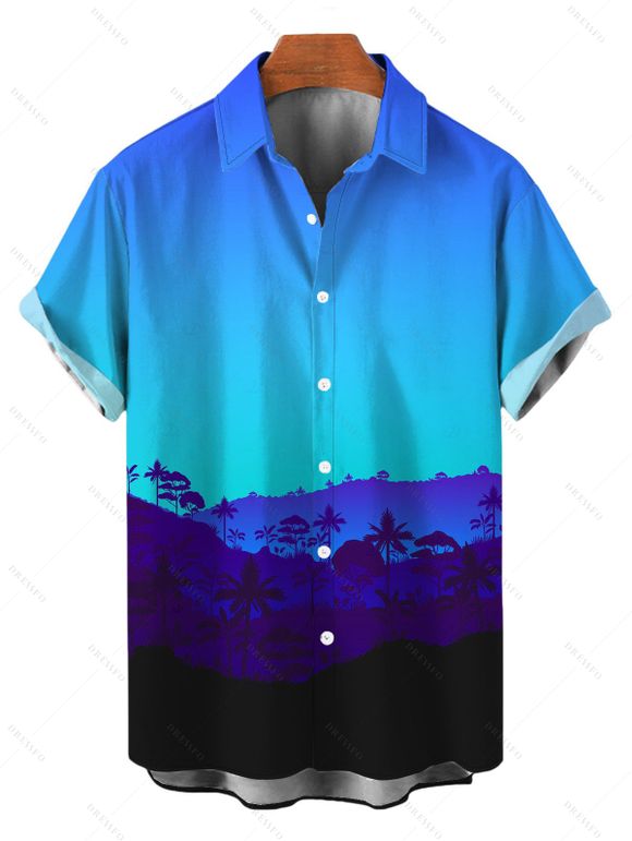 Vacation Hawaiian Couple Outfit Tropical Ombre Coconut Tree Silhouette Print Ruched Dress and Shirt Drawstring Shorts Set - Bleu S | US 4