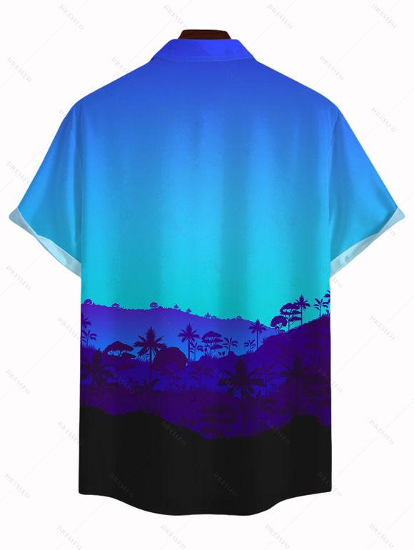 Vacation Hawaiian Couple Outfit Tropical Ombre Coconut Tree Silhouette Print Ruched Dress and Shirt Drawstring Shorts Set - Bleu S | US 4