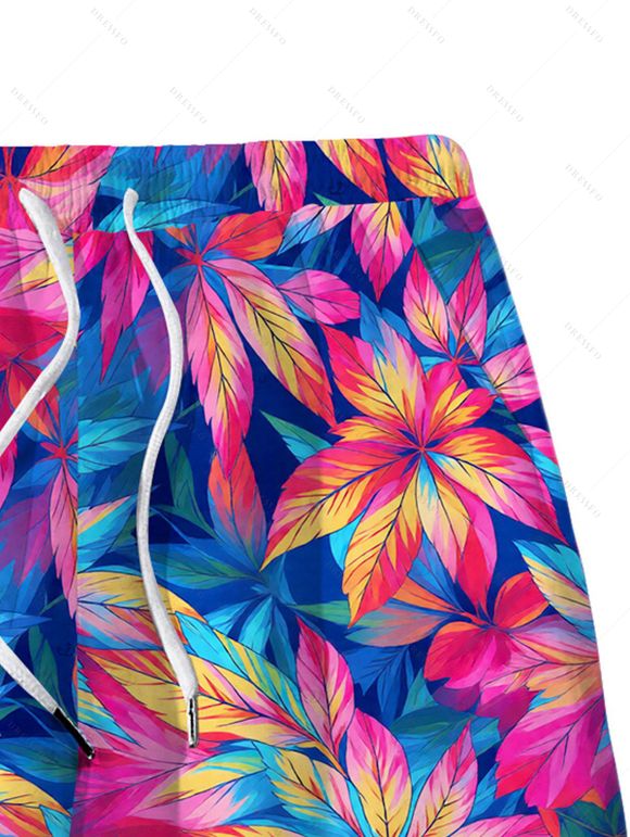 Hawaiian Vacation Couple Outfit Tropical Floral Leaf Print Tied Open Back Halter Bikini Swimsuit and Drawstring Beach Shorts Set - multicolor A S | US 4