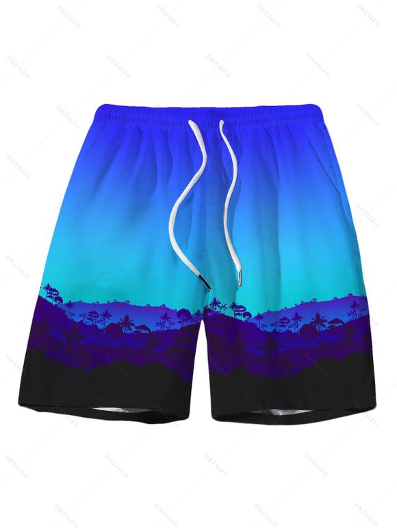 Vacation Hawaiian Couple Outfit Tropical Ombre Coconut Tree Silhouette Print Ruched Dress and Shirt Drawstring Shorts Set - Bleu S | US 4