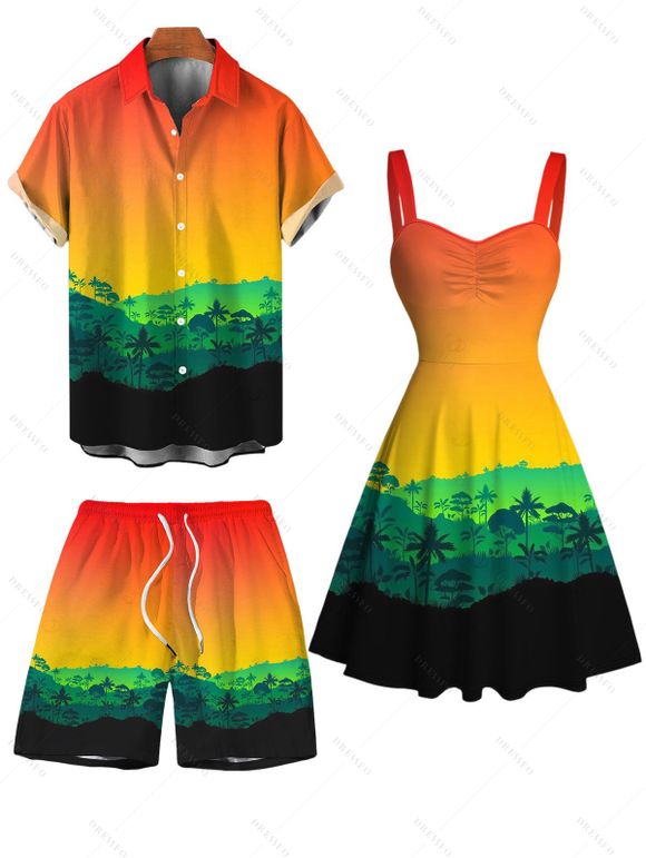 Vacation Hawaiian Couple Outfit Tropical Ombre Coconut Tree Silhouette Print Ruched Dress and Shirt Drawstring Shorts Set - multicolor A S | US 4