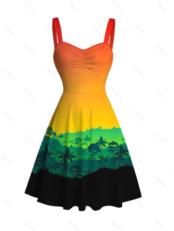 Vacation Hawaiian Couple Outfit Tropical Ombre Coconut Tree Silhouette Print Ruched Dress and Shirt Drawstring Shorts Set - multicolor A S | US 4