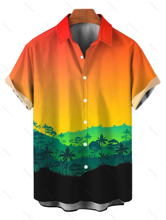 Vacation Hawaiian Couple Outfit Tropical Ombre Coconut Tree Silhouette Print Ruched Dress and Shirt Drawstring Shorts Set - multicolor A S | US 4