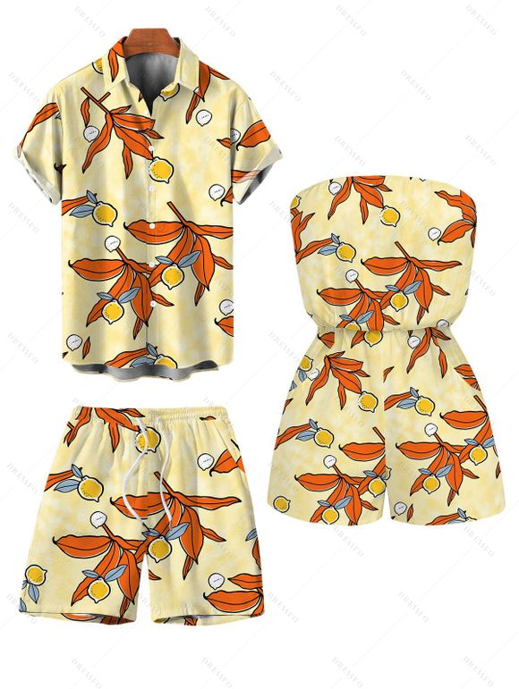 Beach Vacation Couple Outfit Cartoon Lemon Leaf Print Pocket Off the Shoulder Romper and Shirt Drawstring Shorts Set - Jaune S | US 4