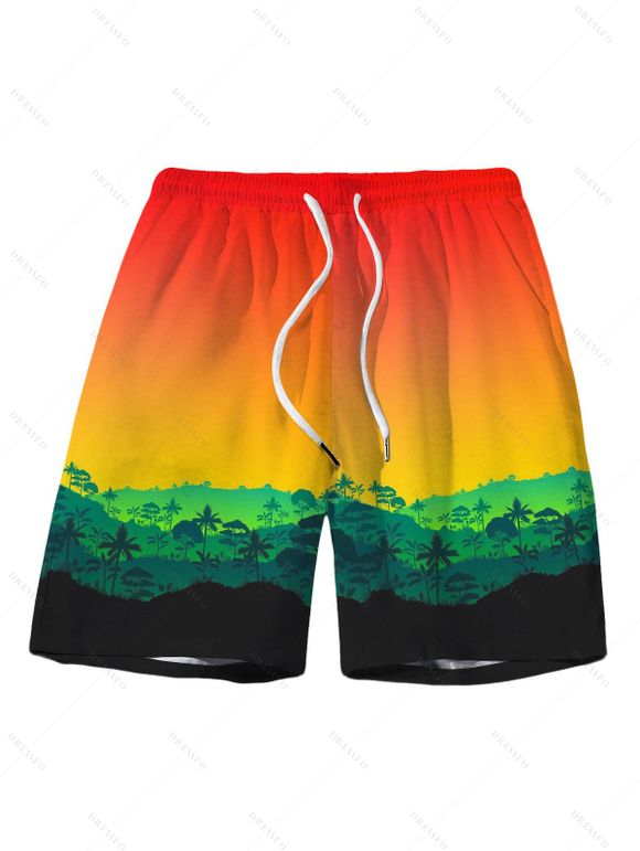 Vacation Hawaiian Couple Outfit Tropical Ombre Coconut Tree Silhouette Print Ruched Dress and Shirt Drawstring Shorts Set - multicolor A S | US 4