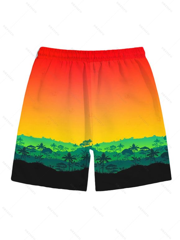 Vacation Hawaiian Couple Outfit Tropical Ombre Coconut Tree Silhouette Print Ruched Dress and Shirt Drawstring Shorts Set - multicolor A S | US 4