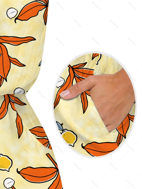 Beach Vacation Couple Outfit Cartoon Lemon Leaf Print Pocket Off the Shoulder Romper and Shirt Drawstring Shorts Set - Jaune S | US 4