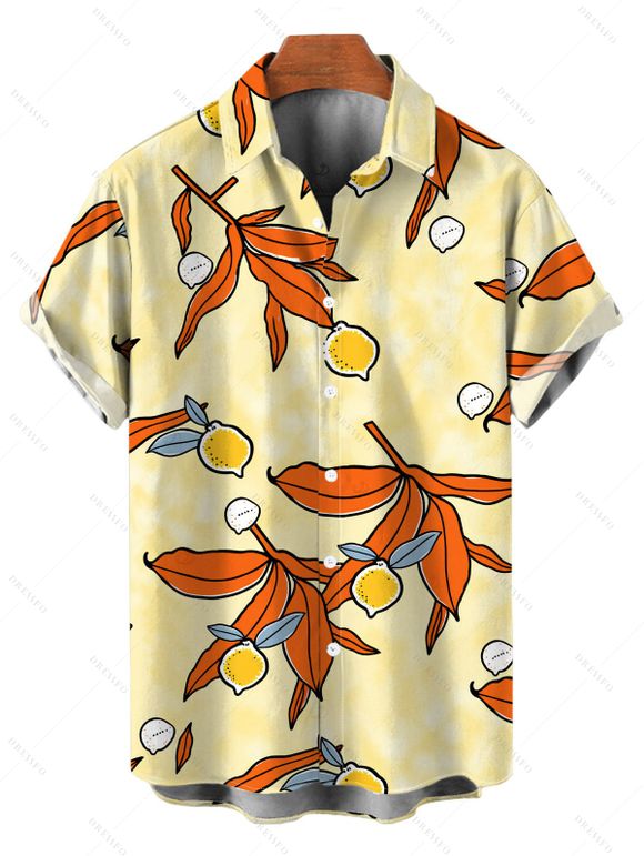 Beach Vacation Couple Outfit Cartoon Lemon Leaf Print Pocket Off the Shoulder Romper and Shirt Drawstring Shorts Set - Jaune S | US 4