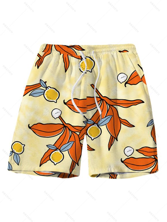 Beach Vacation Couple Outfit Cartoon Lemon Leaf Print Pocket Off the Shoulder Romper and Shirt Drawstring Shorts Set - Jaune S | US 4