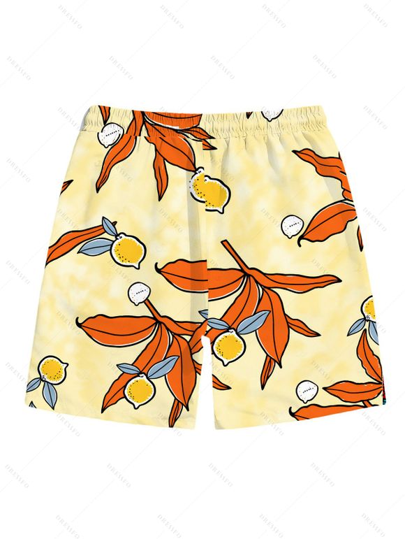 Beach Vacation Couple Outfit Cartoon Lemon Leaf Print Pocket Off the Shoulder Romper and Shirt Drawstring Shorts Set - Jaune S | US 4