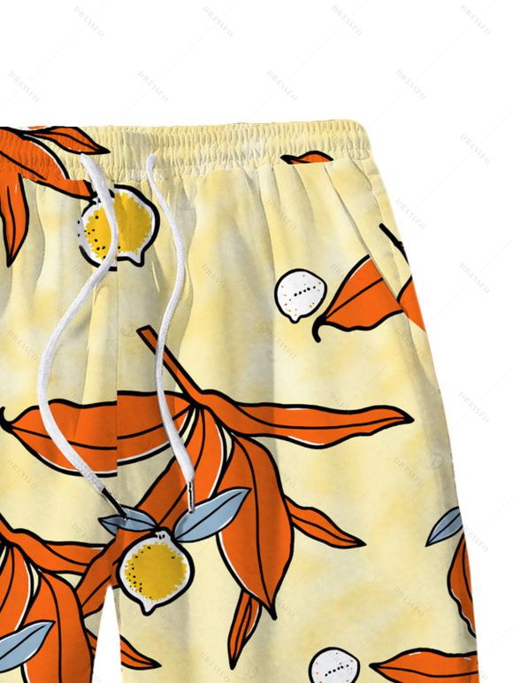 Beach Vacation Couple Outfit Cartoon Lemon Leaf Print Pocket Off the Shoulder Romper and Shirt Drawstring Shorts Set - Jaune S | US 4