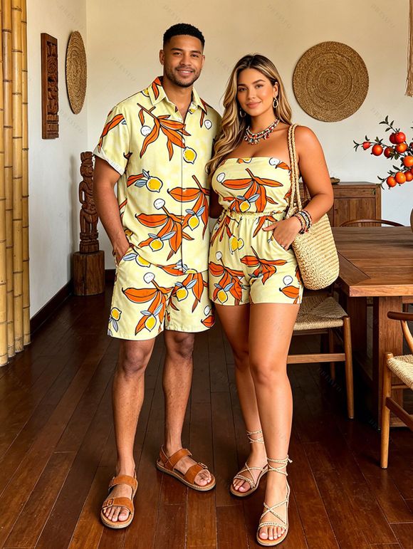 Beach Vacation Couple Outfit Cartoon Lemon Leaf Print Pocket Off the Shoulder Romper and Shirt Drawstring Shorts Set - Jaune S | US 4