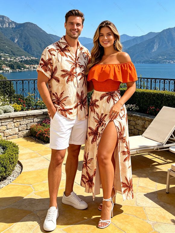 Vacation Couple Outfit Colorblock Coconut Tree Print Flounce Smocked Slit Dress and Shirt Set - Orange S | US 4