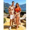 Vacation Couple Outfit Colorblock Coconut Tree Print Flounce Smocked Slit Dress and Shirt Set - Orange S | US 4