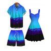 Vacation Hawaiian Couple Outfit Tropical Ombre Coconut Tree Silhouette Print Ruched Dress and Shirt Drawstring Shorts Set - Bleu S | US 4