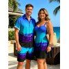 Vacation Hawaiian Couple Outfit Tropical Ombre Coconut Tree Silhouette Print Ruched Dress and Shirt Drawstring Shorts Set - Bleu S | US 4