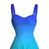 Vacation Hawaiian Couple Outfit Tropical Ombre Coconut Tree Silhouette Print Ruched Dress and Shirt Drawstring Shorts Set - Bleu S | US 4