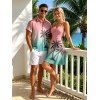 Vacation Couple Outfit Ombre Coconut Tree Print Ruched Bust Dress and Shirt Shorts Set - Rose S | US 4