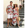 Vacation Couple Outfit Hibiscus Floral Leaf Pattern Geometric Lace Panel Hollow Out Long Dress and Button Up Shirt Casual Matching Outfit - Rouge S | US 4