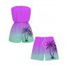 Vacation Couple Outfit Ombre Coconut Tree Pattern Pocket Off the Shoulder Romper and Drawstring Beach Shorts Set - Pourpre S | US 4