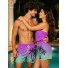 Vacation Couple Outfit Ombre Coconut Tree Pattern Pocket Off the Shoulder Romper and Drawstring Beach Shorts Set - Pourpre S | US 4