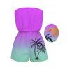 Vacation Couple Outfit Ombre Coconut Tree Pattern Pocket Off the Shoulder Romper and Drawstring Beach Shorts Set - Pourpre S | US 4