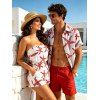 Beach Vacation Couple Outfit Starfish Print Marine Life Pocket Off the Shoulder Romper and Shirt Set - Rouge S | US 4