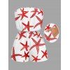 Beach Vacation Couple Outfit Starfish Print Marine Life Pocket Off the Shoulder Romper and Shirt Set - Rouge S | US 4