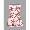 Beach Vacation Couple Outfit Starfish Print Marine Life Pocket Off the Shoulder Romper and Shirt Set - Rouge S | US 4