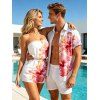 Vacation Couple Outfit Watercolor Hibiscus Floral Print Pocket Off the Shoulder Romper and Shirt Set - Rose S | US 4