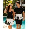 Beach Vacation Couple Outfit Contrast Color Coconut Tree Seagulls Print Spaghetti Strap Dress and Shirt Set - Noir S | US 4