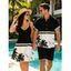 Beach Vacation Couple Outfit Contrast Color Coconut Tree Seagulls Print Spaghetti Strap Dress and Shirt Set - Noir S | US 4