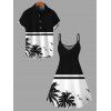 Beach Vacation Couple Outfit Contrast Color Coconut Tree Seagulls Print Spaghetti Strap Dress and Shirt Set - Noir S | US 4