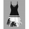 Beach Vacation Couple Outfit Contrast Color Coconut Tree Seagulls Print Spaghetti Strap Dress and Shirt Set - Noir S | US 4