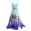Vacation Couple Outfit Ombre Coconut Tree Print Lace Hollow Out Slit Dress and Shirt Set - Bleu clair S | US 4