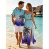 Vacation Couple Outfit Ombre Coconut Tree Print Lace Hollow Out Slit Dress and Shirt Set - Bleu clair S | US 4